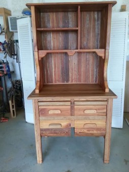 Hoover Hutch with twin pull out cutting boards and roll bottom drawers of reclaimed red oak and longleaf pine with tung oil finish.