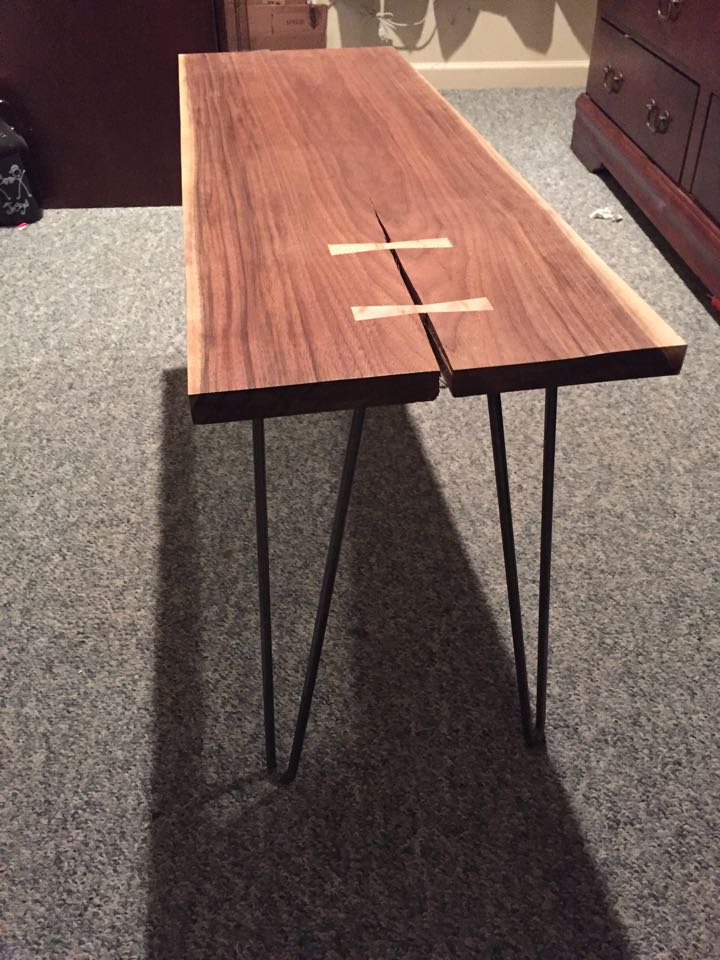 From Nick Gillespie: Walnut coffee table with Birdseye maple bow ties and hair pin legs