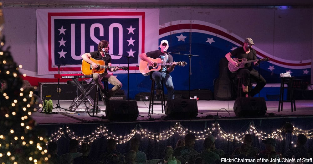 Brett James, Kyle Jacobs, and Billy Montana perform during a USO show at Camp Lemonnier, Djibouti" / Via Chairman of the Joint Chiefs of Staff
