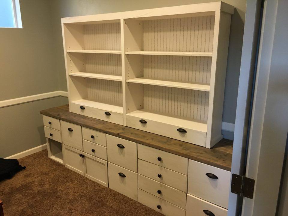 From Jay DeLong: Custom credenza and hutch. Hand distressed with shopmade stain on repurposed floor joists. Nicknamed Jabba the Hutch