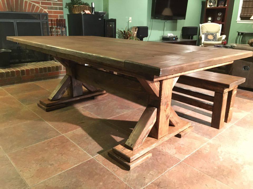 From Nate Mitchell: Old farmhouse table. Made from standard 2x8s, 4x4x and one 6z6 regular pine. Made for a friend.