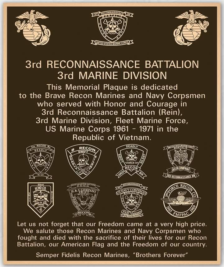 The plaque dedicated to the 3rd Reconnaissance Battalion (Rein), 3rd Marine Division.