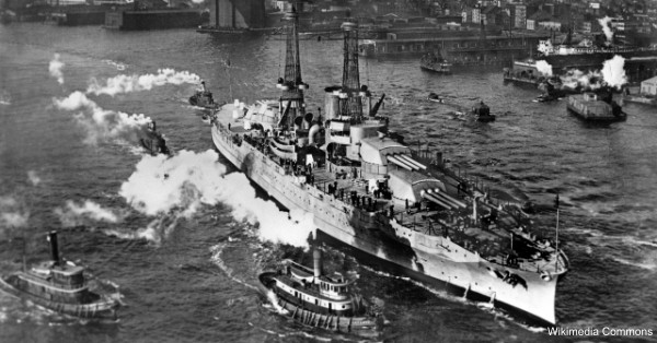 The USS Arizona leaving the harbor where it was built.