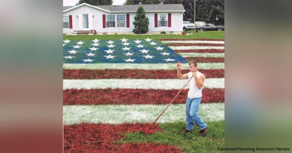 Lori Davis, contracted John Morris to paint her lawn to honor the return of her son, Lance Corporal Chad Davis.