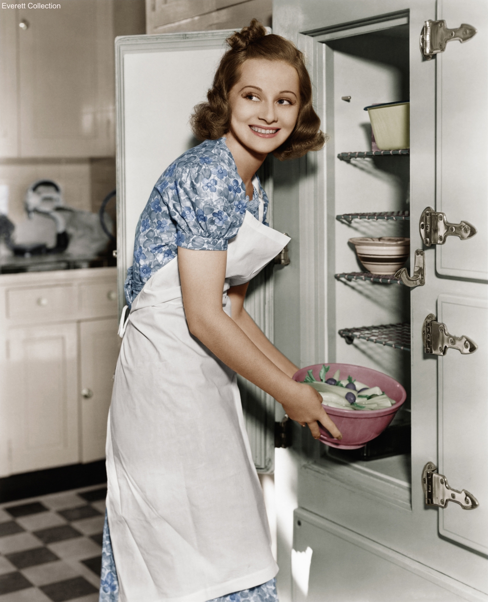Housewife Removing a Bowl of Veggies from the Icebox