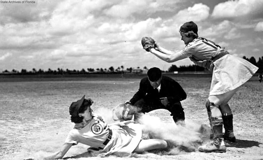 Marge Callahan 1948 Slides Into Home Base, Norris Ward Umpire AAGPBL