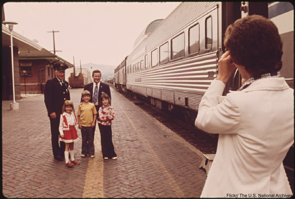1974 Polyester-clad family by train