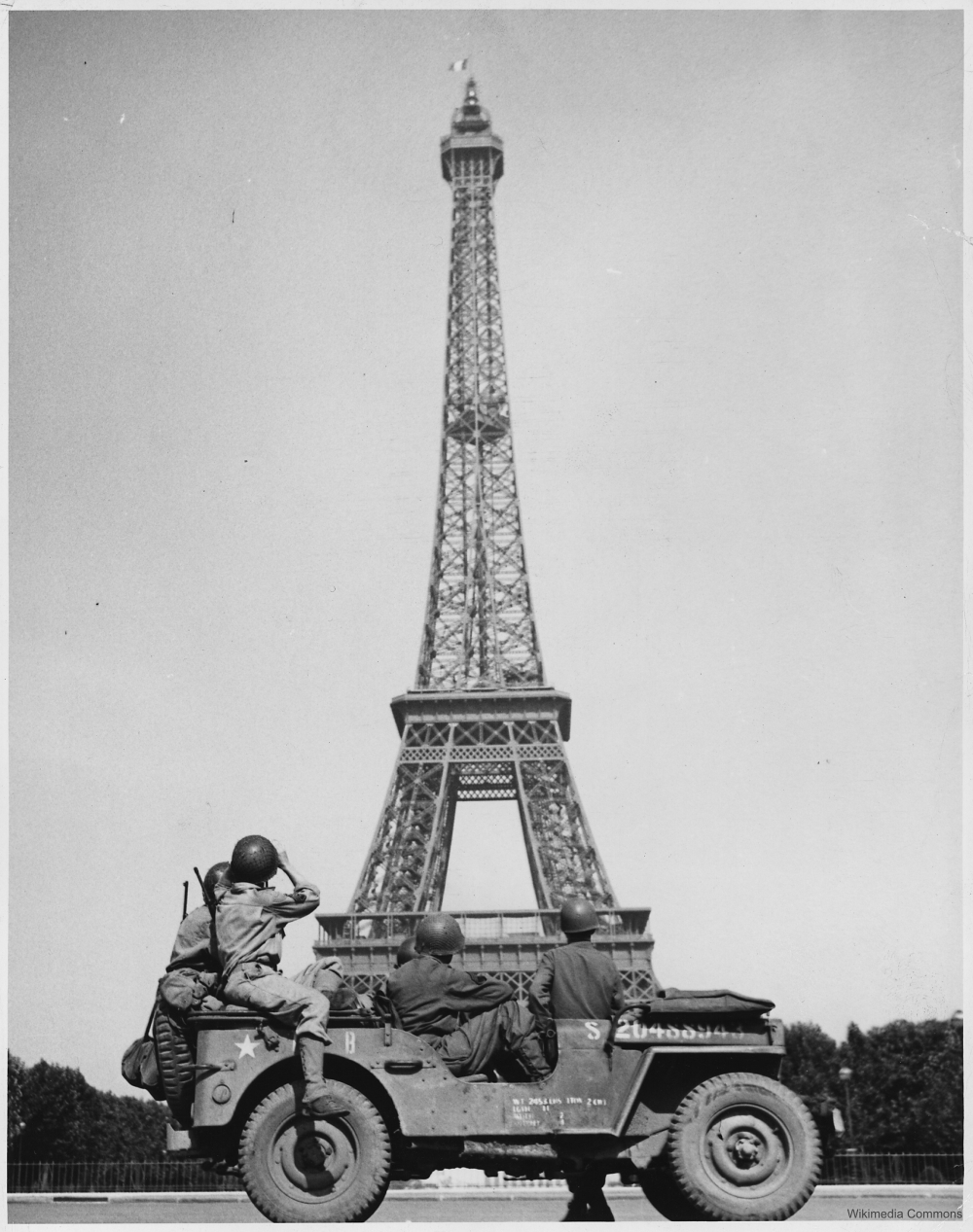 Eiffel Tower in 1945 with American Troops in jeep