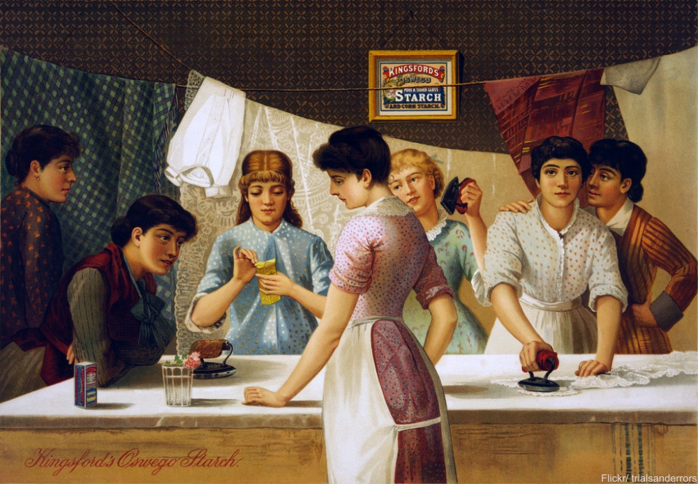 Ironing in starch advertisement 1885.