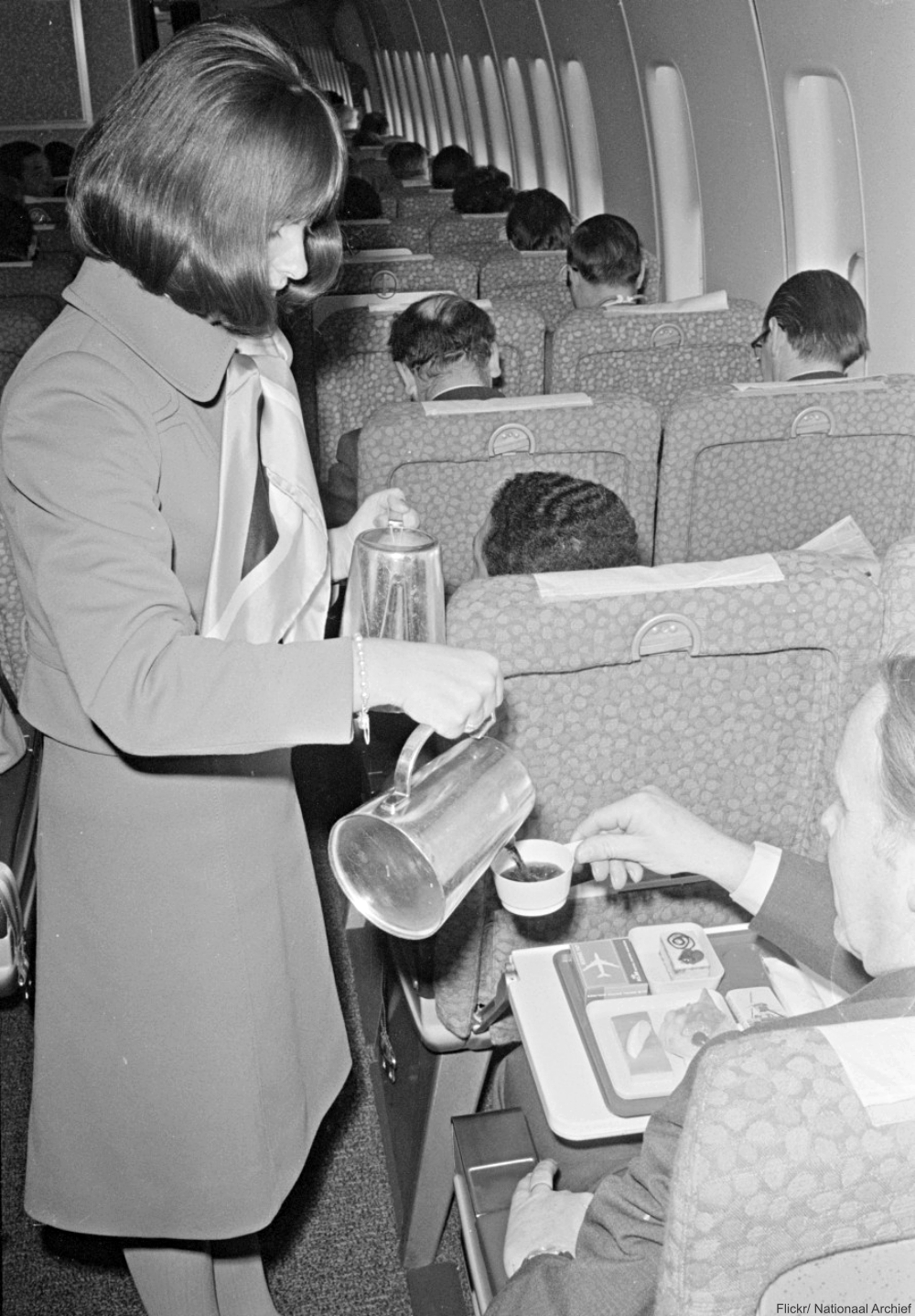 Coffee in real cups on plane, 1971.