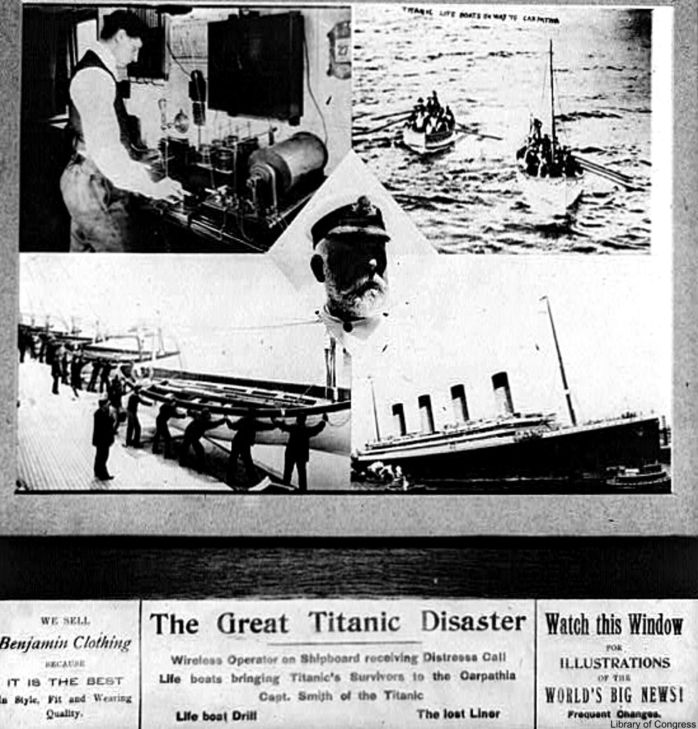 Collage of Titanic-related headlines and photos from the era.