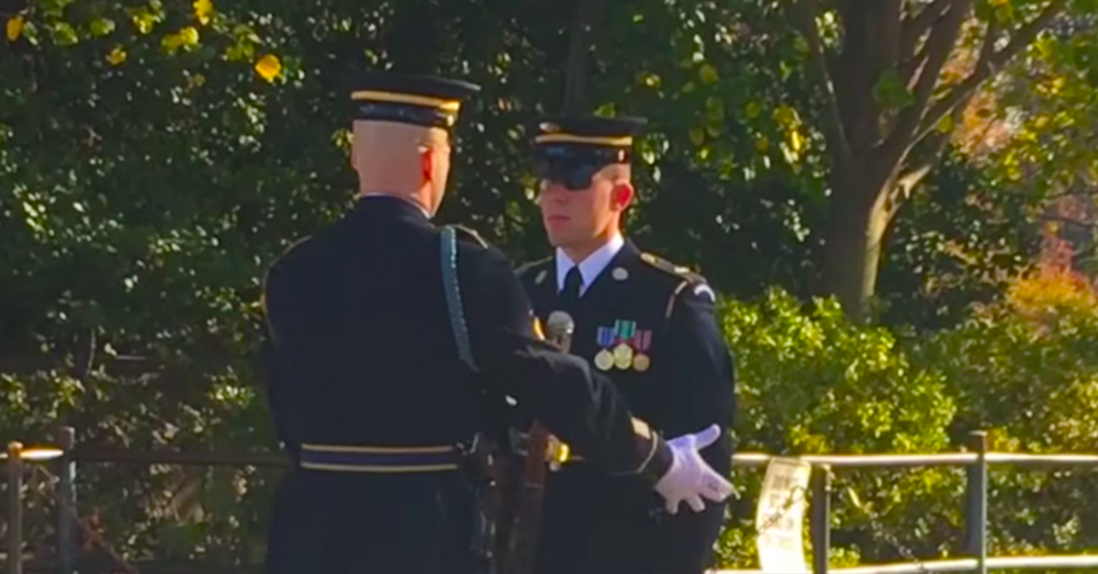 The rifle just slips out of his hands during the Changing of the Guard.