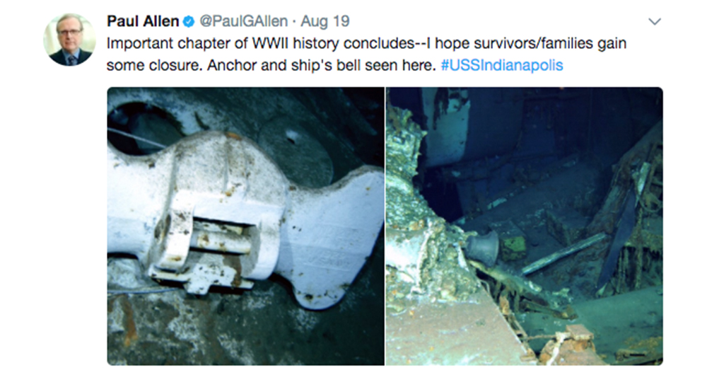 Photo: Twitter/@PaulGAllen -- The first underwater images of the USS Indianapolis show the ship's anchor and bell.