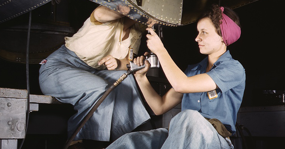 Photo: Library of Congress -- Rosie the Riveters work on the construction of a World War II bomber in 1942.
