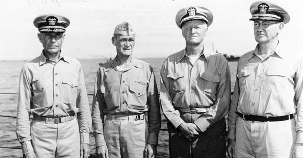 Source: Wikimedia Commons Admirals Raymond A. Spruance, Marc Mitscher, Chester W. Nimitz and Willis Lee on board USS Indianapolis