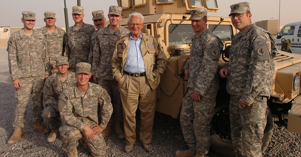 Photo: U.S. Army/Major Carol McClelland -- Donald Malarkey, pictured in 2008, visits with Iraq War troops in Kuwait.