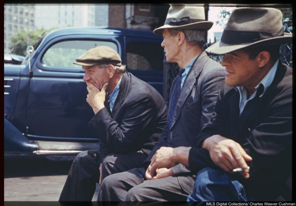 Three bums from South Ferry flophouses. At Battery Park N.Y.C.