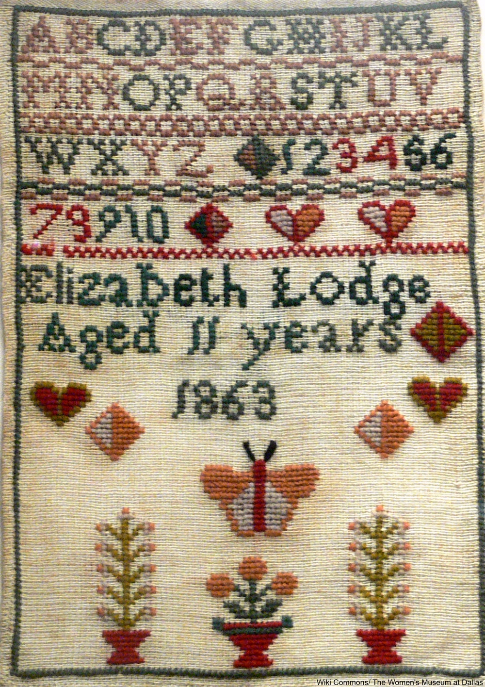 1863 sampler made by 11-year-old Elizabeth Lodge