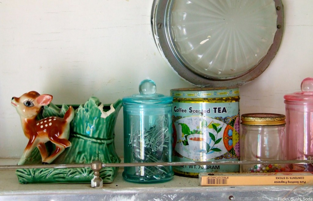 20th century tea tin reused for storing small items
