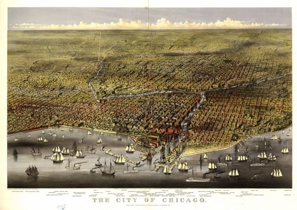 Panoramic etching of Chicago circa 1874.