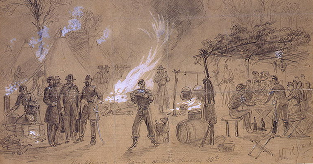 Image: Library of Congress/Alfred R. Waud -- A sketch from the Civil War shows Union troops celebrating Thanksgiving.