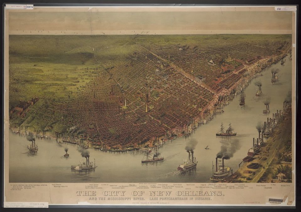 1890 New Orleans with the Mississippi River and Lake Pontchartrain in the distance.