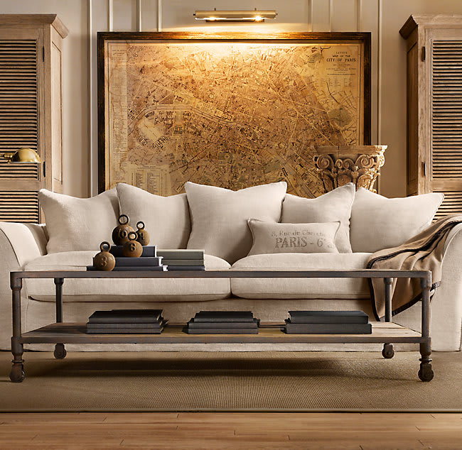 Pictured above, this eight-foot wide vintage Restoration Hardware map of Paris really pulls the room together. RH.com/$3300.