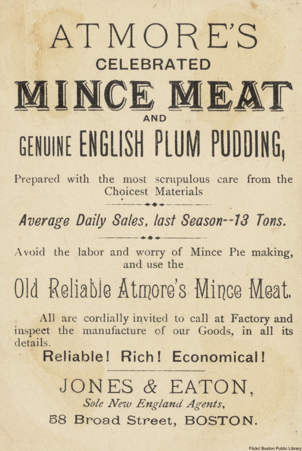 plum pudding and mincemeat advertisement from turn of the century Boston