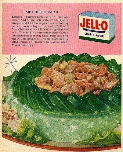It's another crowd-pleasing hit from the people who turned horse hoofs into cheap and tasty desserts. JELL-O's LIME CHEESE SALAD appeals to those looking to combine the major food groups of gelatin, dairy, protein, citrus and sugar into one delectable delight.