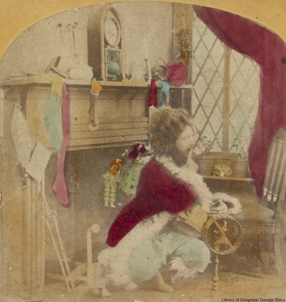 1860s Santa has a red coat, but seems more goofy than jolly