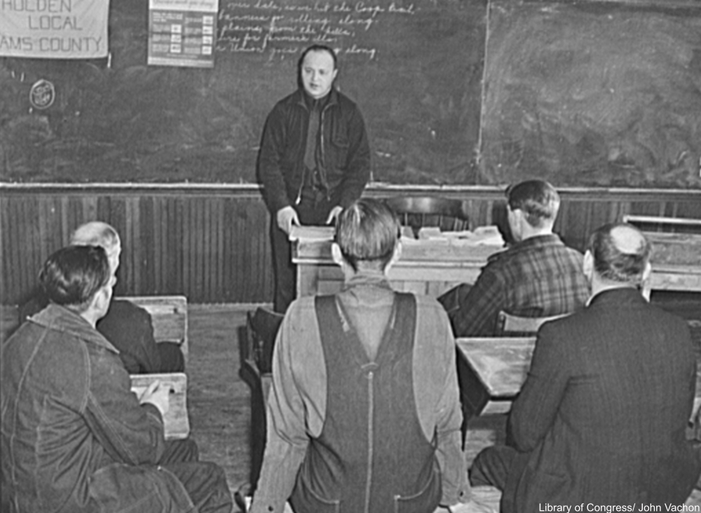 schoolhouse being used for meeting of farmers, Adams County, North Dakota, 1942