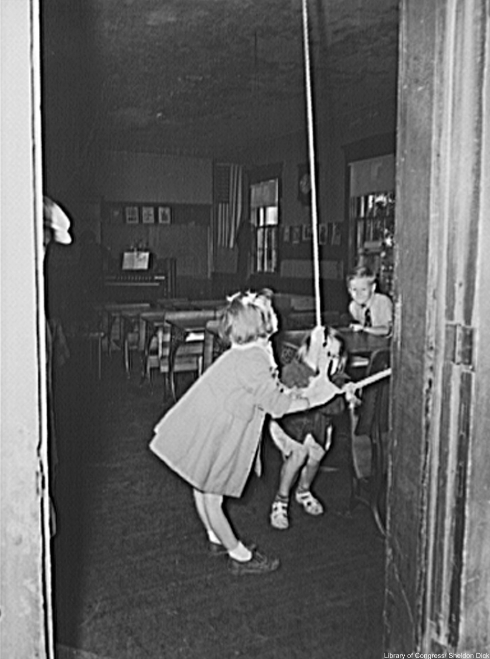 students ringing the school bell, Lancaster County, Pennsylvania, 1938