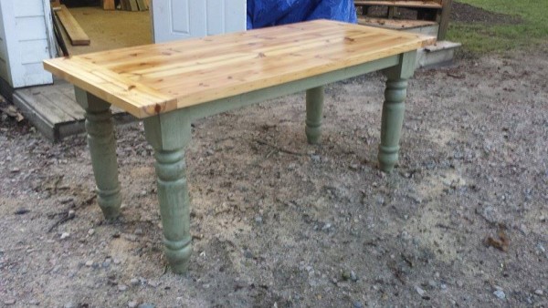 All hand done with reclaimed pine my wife and I removed from the rafters of a 100 year old home in Vance County NC. Not bad for my first major wood project! Even spun the legs myself from the same pine.