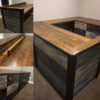 From Aaric Geihl: Here's an office project I did. The customer wanted a hint of weathered blue to coordinate with is grey color scheme. He was super happy with the flip open cable tray I made to hide his wires. Made completely with rough sawn doug fir.