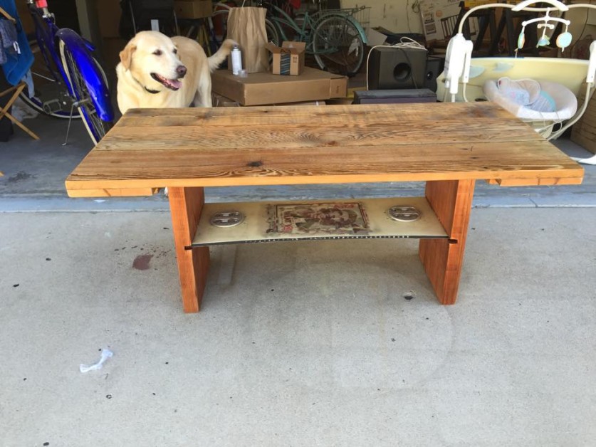 From Jeramiah Townsend: Here is a coffee table I made from all salvaged fence and construction scrap wood. The shelf is my old k2 snowboard that I cut the ends off of.