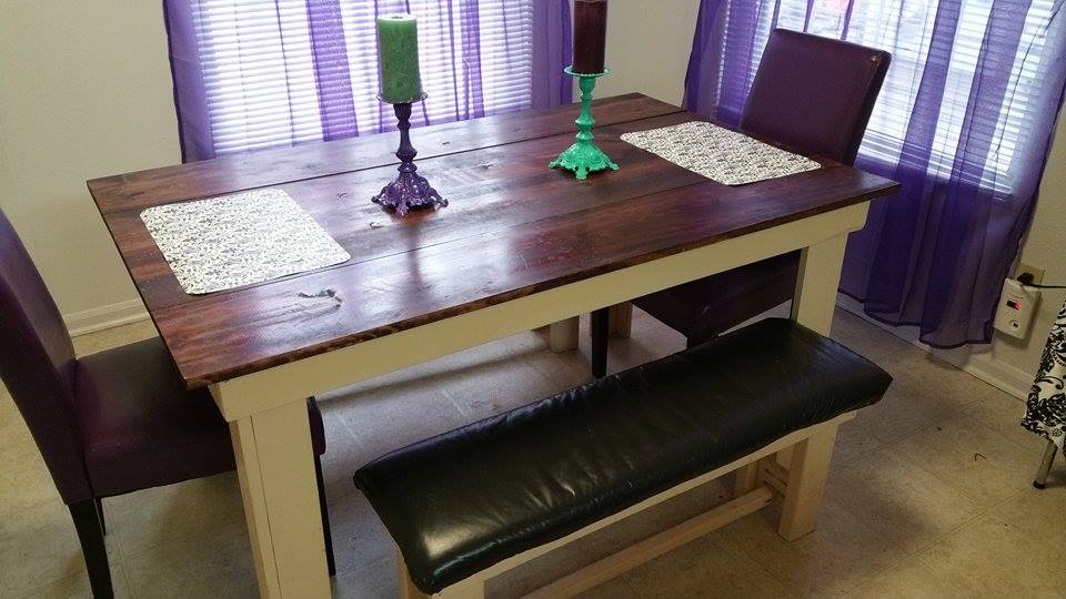 From Luke Sanders: Made this as my first attempt at woodworking. Table and two benches.