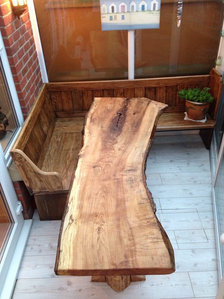 From Oliver Spendley: Hello. Elm slab table with birch legs and reclaimed oak church pews. Thanks Oliver Spendley. Dorset, England