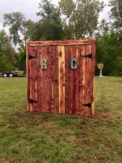 From Preston Spicer: Entry way I built for my buddy's wedding ended up being 8ft by 7ft wide, all out of cedar from the local Amish Sawmill!