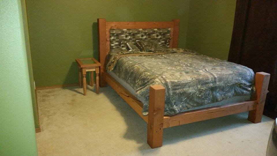 From Geoff Willis: Bed made for my 13 year old son. The posts made from 6x6s from one of our old barns, and the rails are 4x6s.
