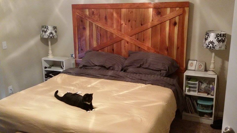From Neal Alders: Redwood headboard. Built with redwood fence slats and redwood 1x4s all sourced from Lowes here in Las Vegas. 3 coats high gloss polyurethane finish.