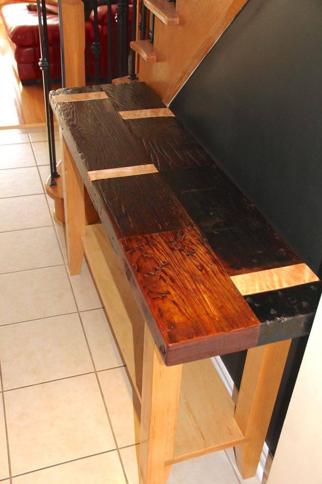 From Pat Baliva: Reclaimed wine vat redwood top, solid maple legs, shelf and inlays where steel bands wrapped the vat.