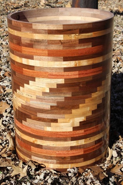 From Ted Thompson: My first segmented drum shell made of walnut, bubinga and old pecan. The drum head, or skin, will also be wood, probably bubinga, a great tonewood. Save the goats, screw the trees? Nah, I just like the sound of wood drum skins.