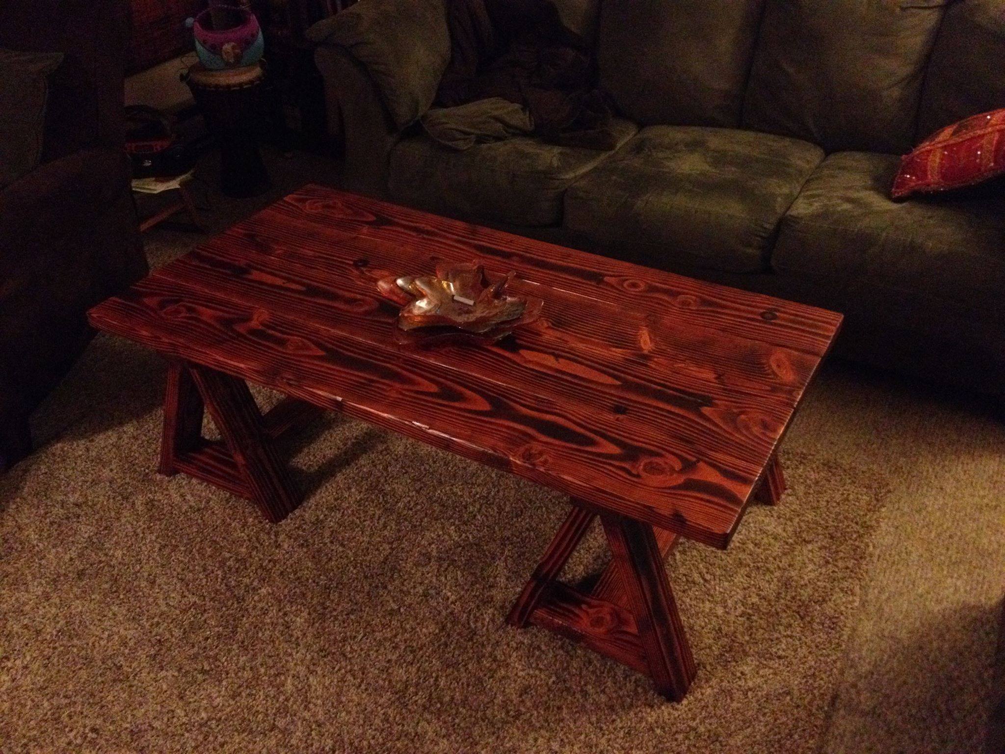 From Doane Hopkins: Saw Horse Coffee Table from rogueengineer.com Made from construction grade lumber assembled with a Kreg pocket hole jig. I torched the table, put some Minwax pre-stain conditioner, three coats of their Gunstock stain, three coats of satin polyurethane on it and it didn't turn out to bad.