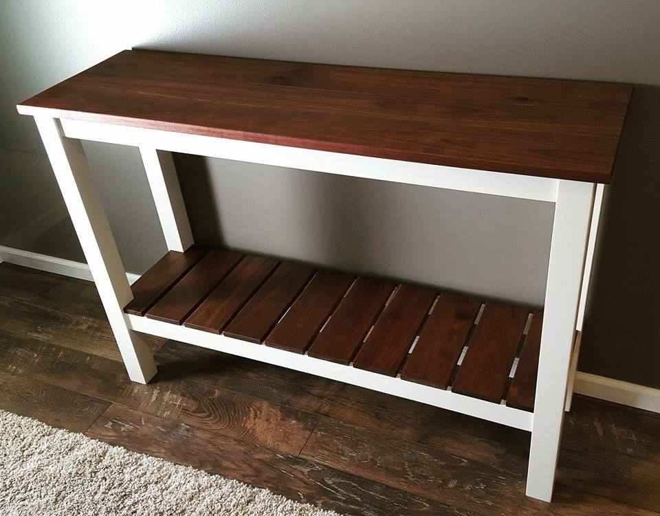 From Shawn Moore: I made this sofa table for our foyer. Walnut finished with Danish oil and poplar frame shot with my Earlex spray station.