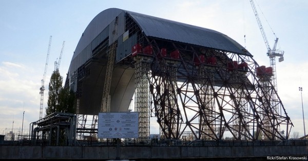 The 32,000-ton stainless steel arch will be moved into place over the Chernobyl reactor site in 2017.