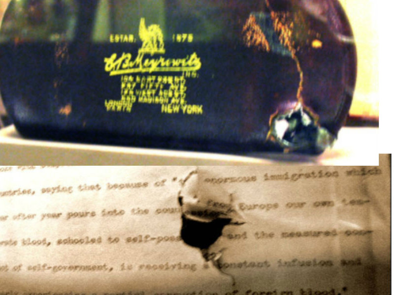 Two photos depicting assassination bullet damage to Theodore Roosevelt's speech manuscript and steel eyeglass case, via Wiki Commons