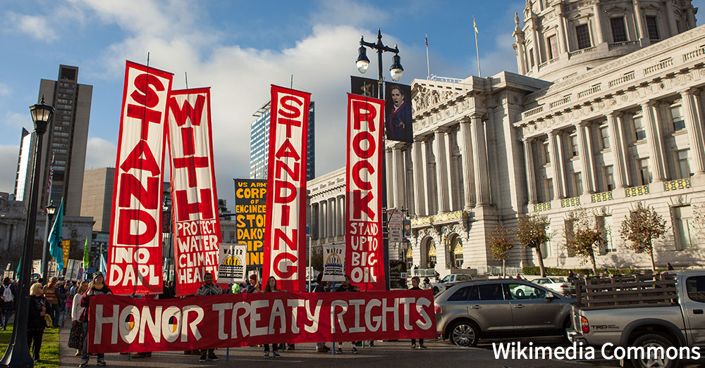 Protestors rally against the construction of the Dakota Access Pipeline.
