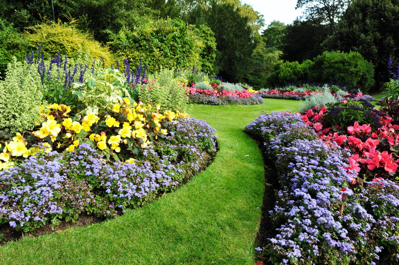 Flowerbeds and Grass Pathway in a Beautiful English Landscape Garden