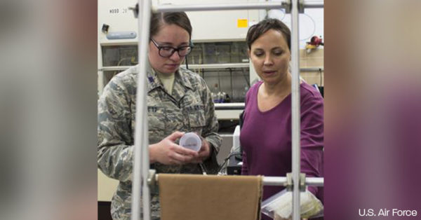 From left, U.S. Air Force Academy Cadet First Class Hayley Weir and AFCEC research chemist
