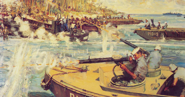 Source: Coast Guard Compass An artist's depiction of the NOB Cactus mission to save an ambushed Marine battalion at Point Cruz, Guadalcanal.
